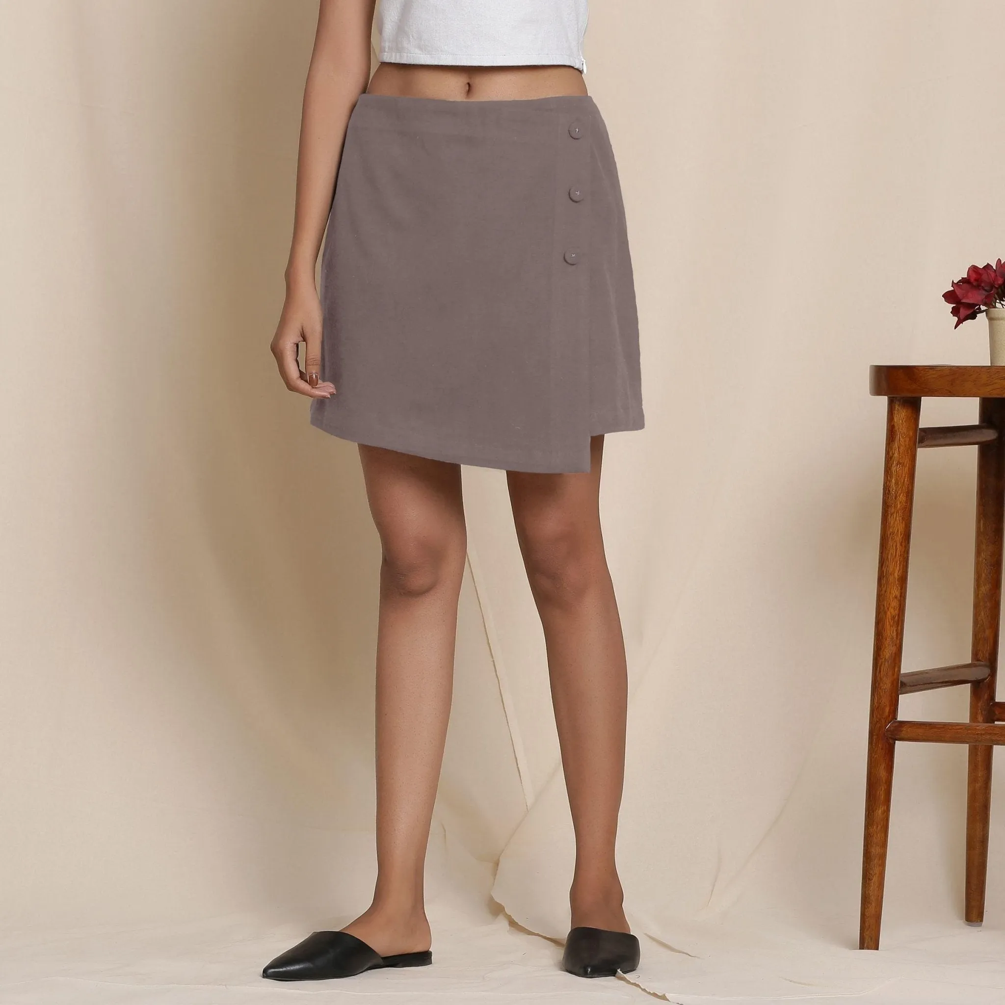 Ash Grey Warm Cotton Flannel Short Overlap Skirt