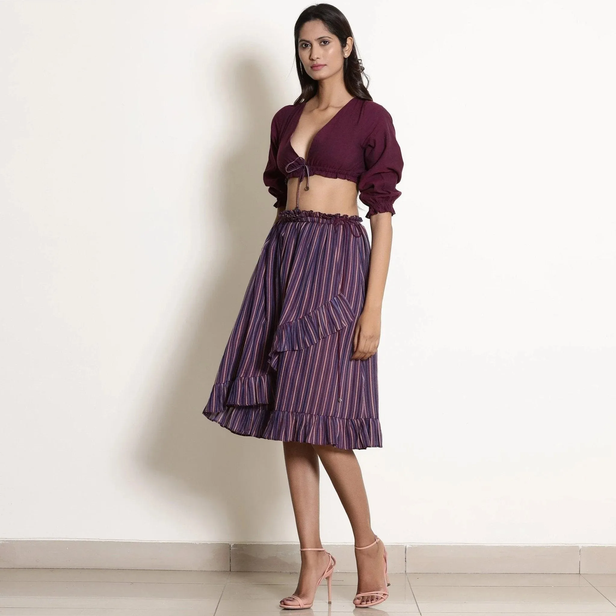 Berry Wine Striped Cotton Knee Length Frill Wrap Skirt