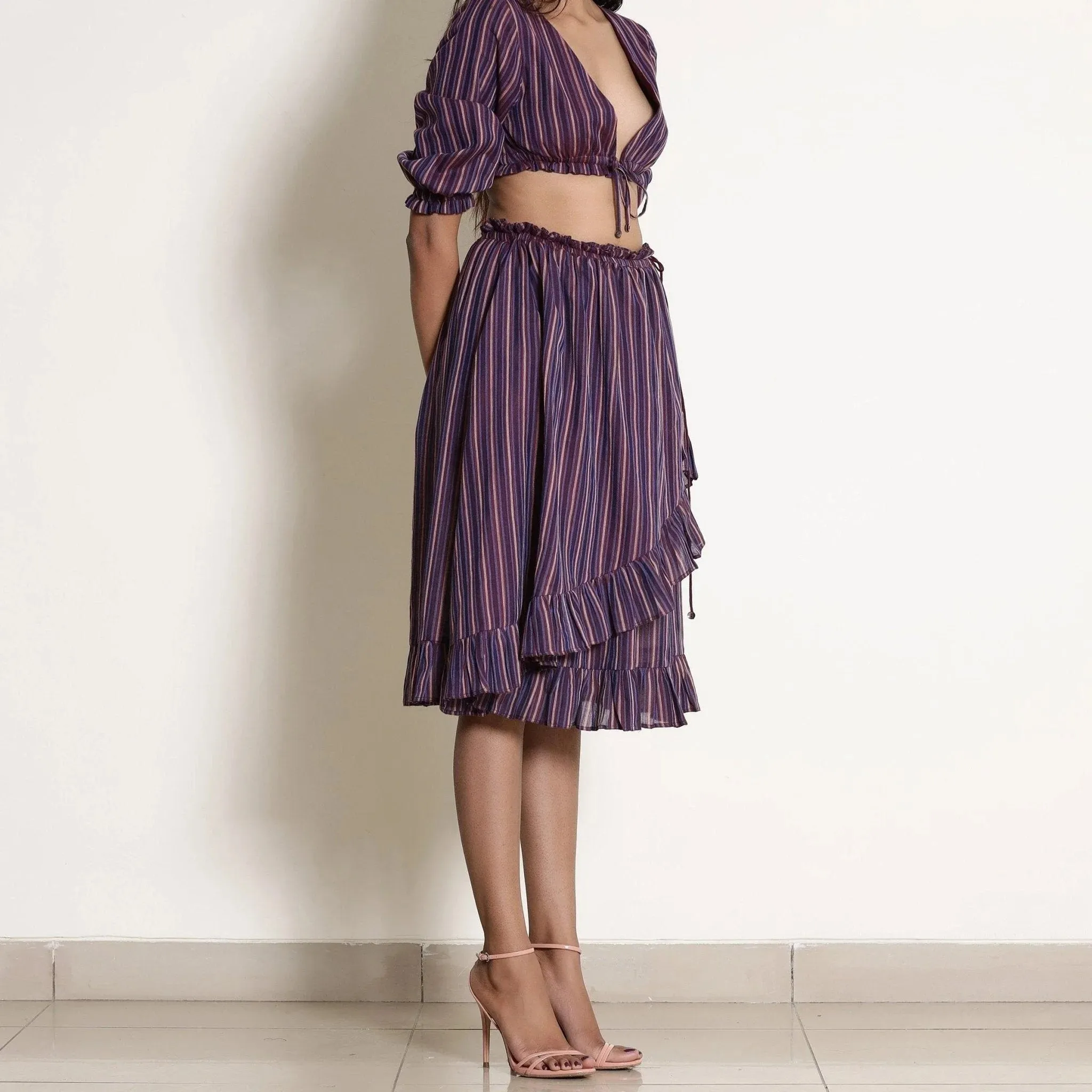 Berry Wine Striped Cotton Knee Length Frill Wrap Skirt