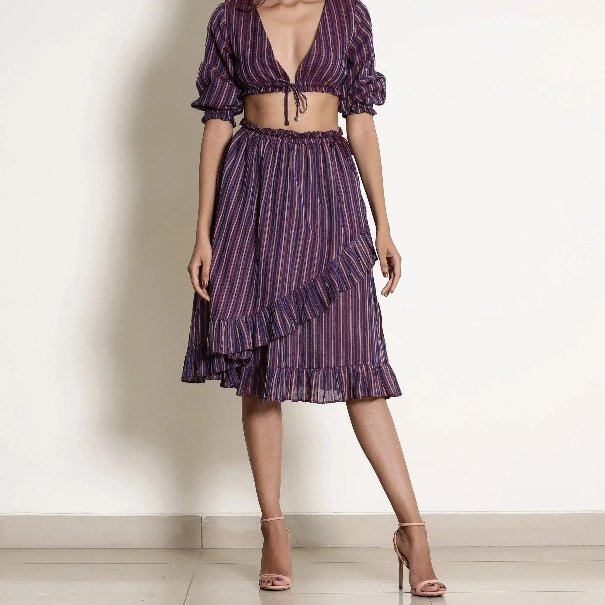 Berry Wine Striped Cotton Knee Length Frill Wrap Skirt