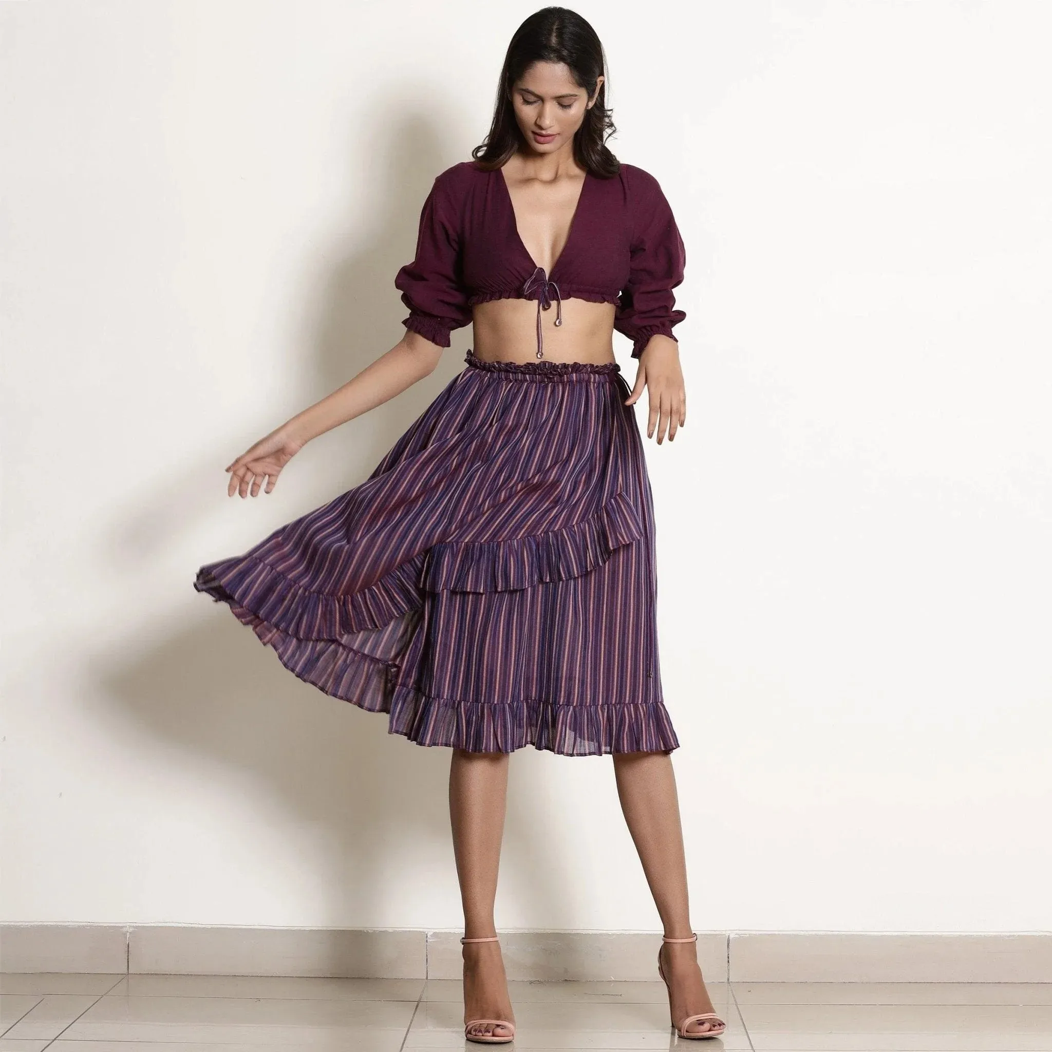 Berry Wine Striped Cotton Knee Length Frill Wrap Skirt