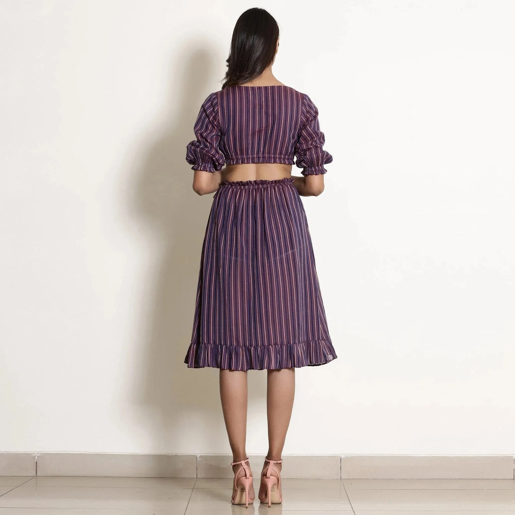 Berry Wine Striped Cotton Knee Length Frill Wrap Skirt