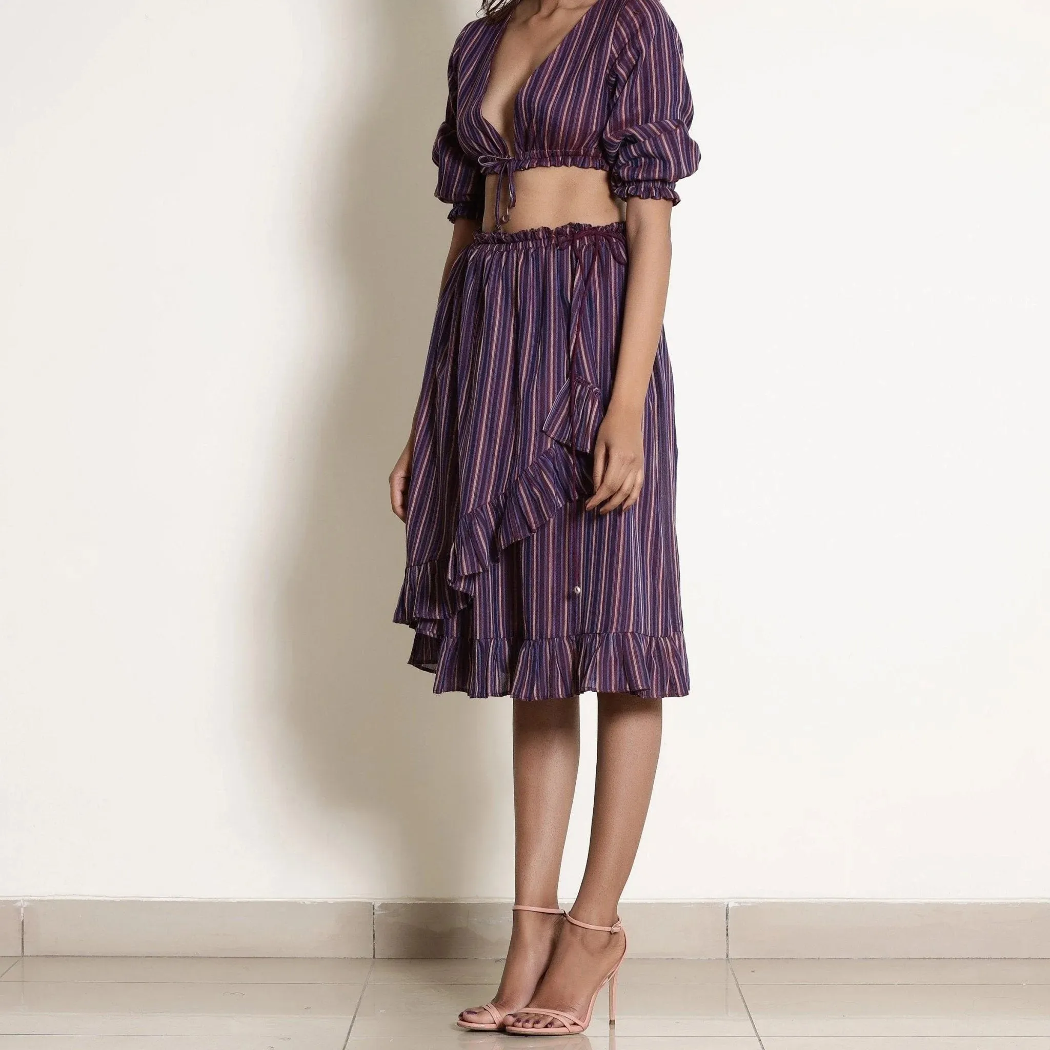 Berry Wine Striped Cotton Knee Length Frill Wrap Skirt