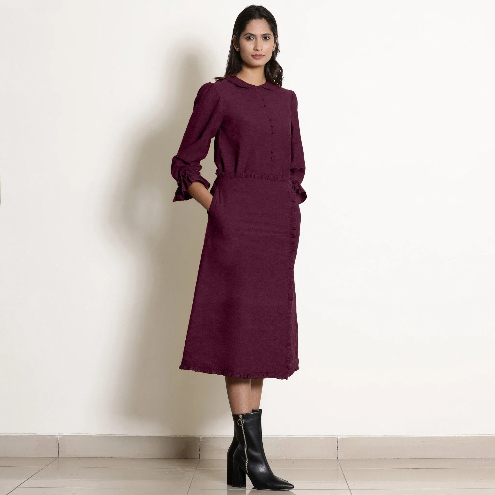 Berry Wine Warm Cotton Frilled Midi Skirt