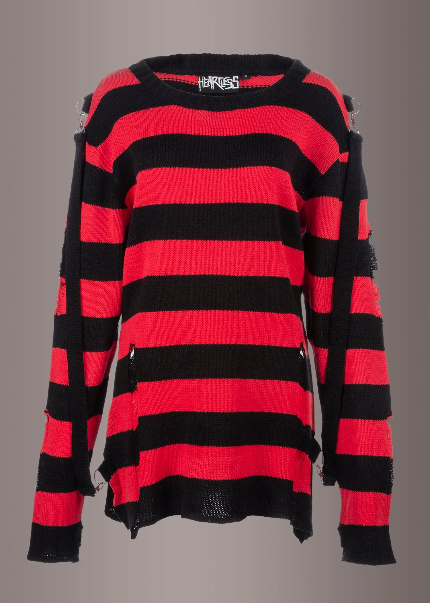 Black and Red Striped Oversized Knit Sweater with Straps and Buckles