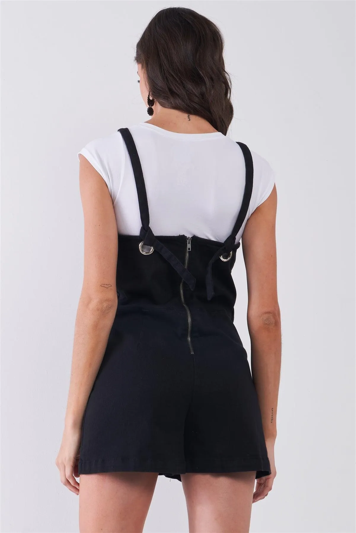 Black Denim Sleeveless Keyhole Straps Detail Romper