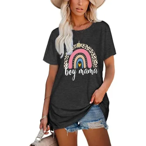 Boy Mama Rainbow Tees Women Trendy Mom T-Shirt