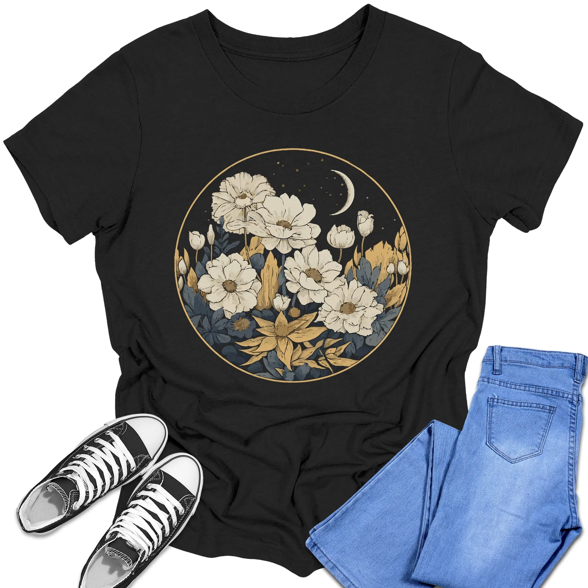 Boys and Girls Trendy Floral Moon Graphic Tees