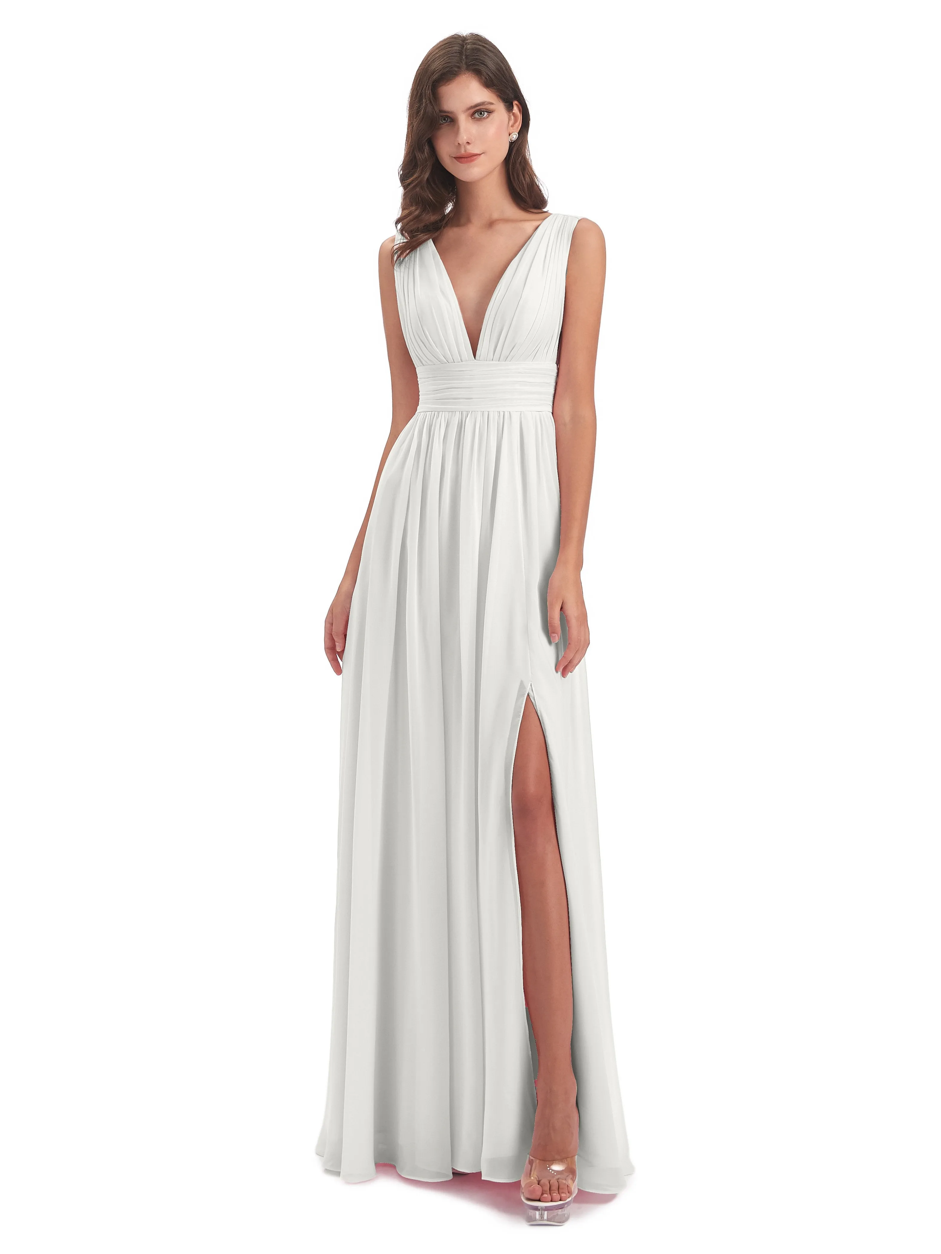 Bridesmaid Dress Ivory Charming Chiffon V Neck Split Long Bridesmaid Dresses