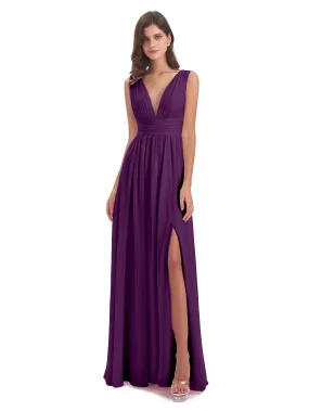 Bridesmaid Dresses Grape Charming Chiffon V Neck Split Long Bridesmaid Dresses