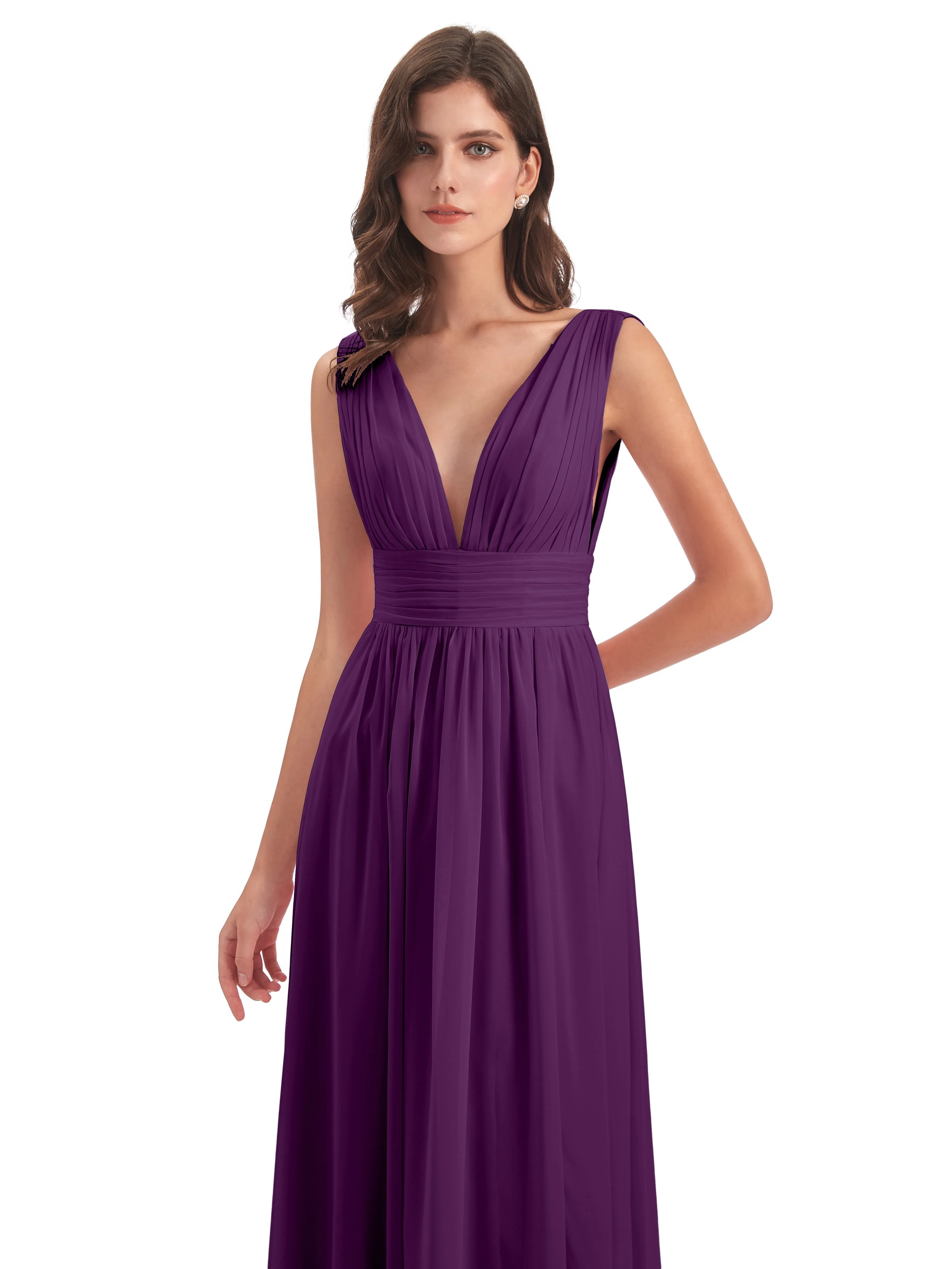 Bridesmaid Dresses Grape Charming Chiffon V Neck Split Long Bridesmaid Dresses