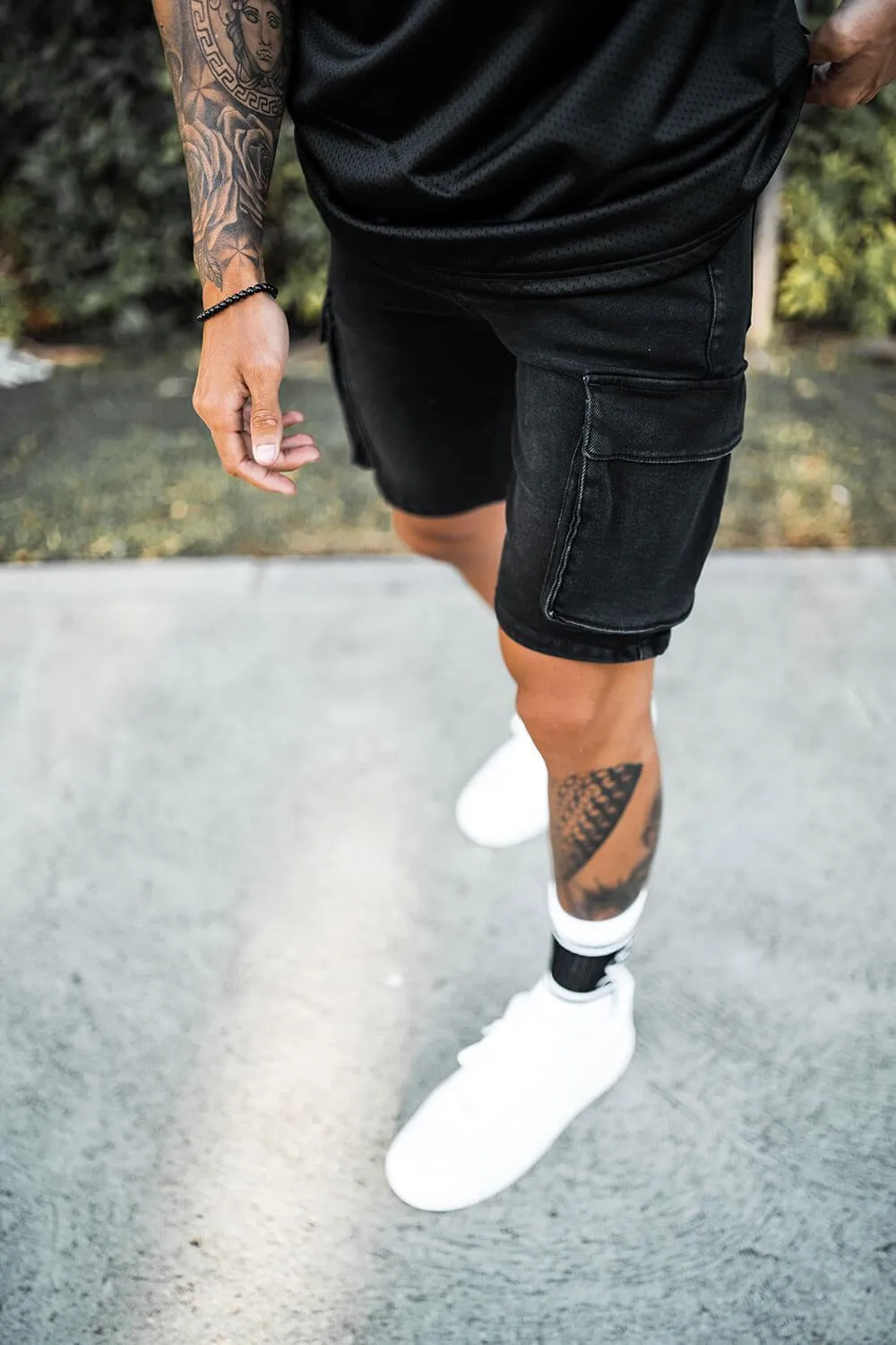 Cargo Utility Denim Shorts - Black