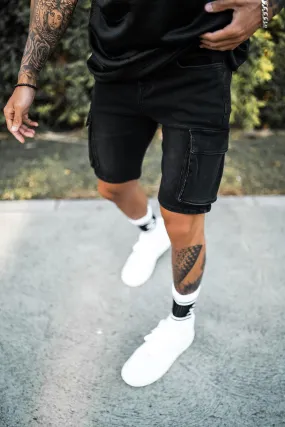 Cargo Utility Denim Shorts - Black