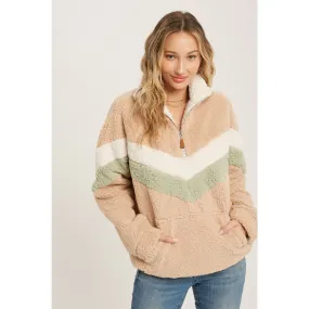 Chevron Sherpa Quarter Zip Pullover - Taupe