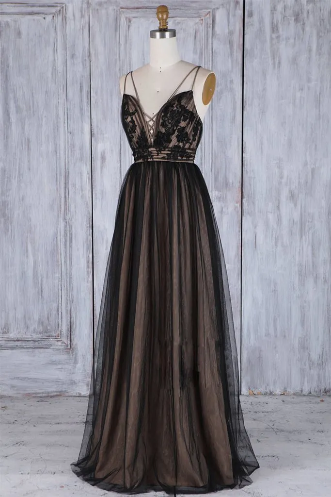 Chic Black Long Straps Tulle A Line Prom Dress,Evening Dresses PFP0374