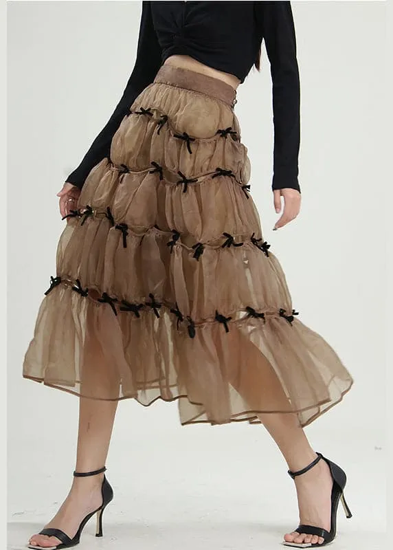 Chic Milk tea color Bow wrinkled Skirts Spring