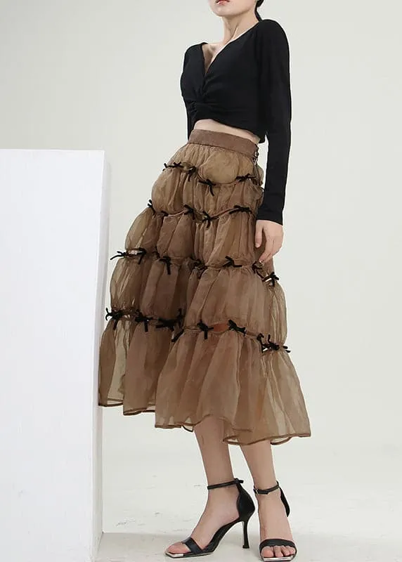 Chic Milk tea color Bow wrinkled Skirts Spring