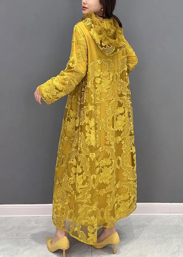 Chic Yellow Embroideried Neck Tie Tulle Maxi Dresses Long Sleeve