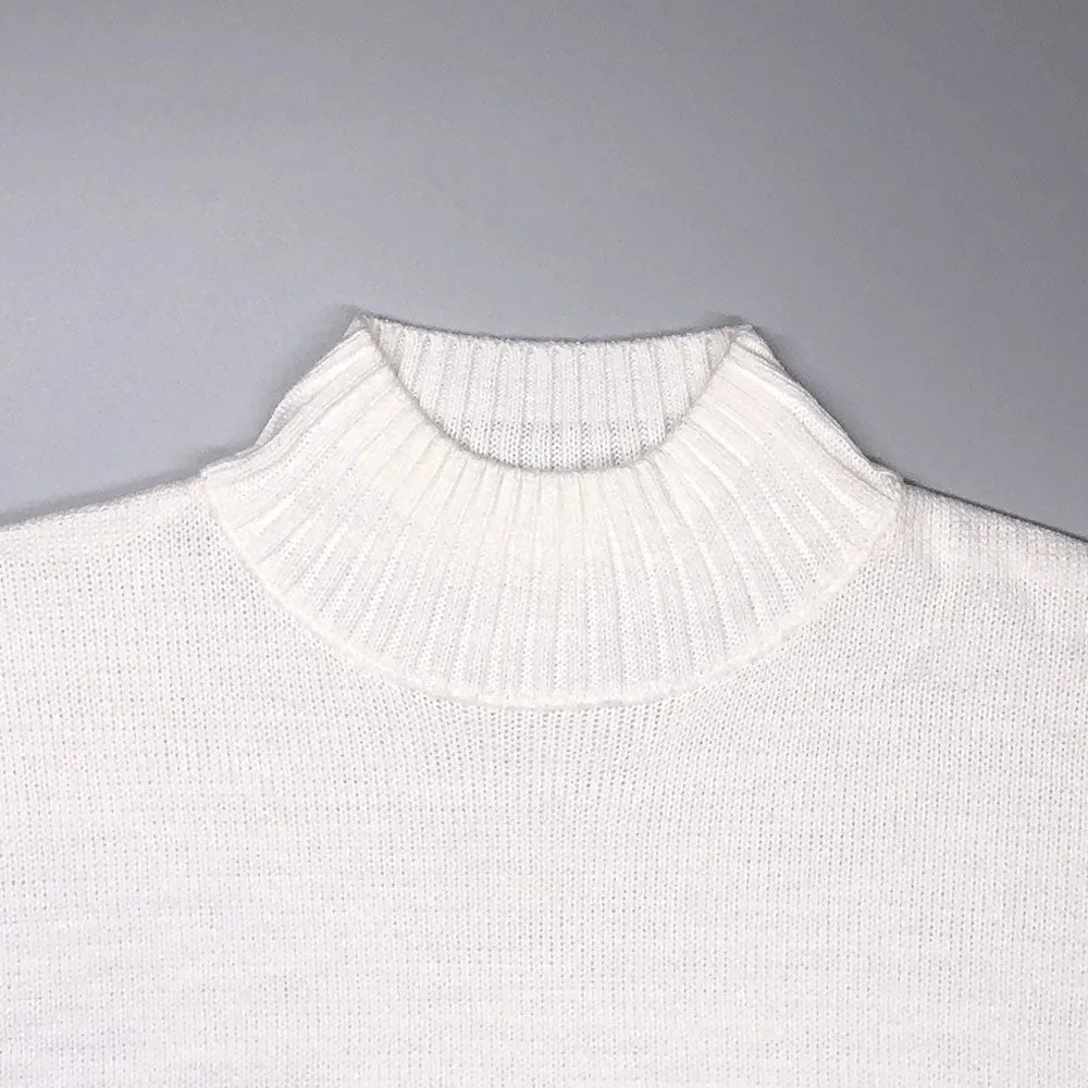 Comfy White High Neck Drop Shoulder Split Side Oversized Knit Sweater