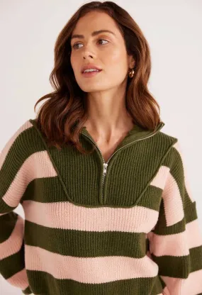 Darcy 1/4 Zip Knit Jumper-Khaki Stripe