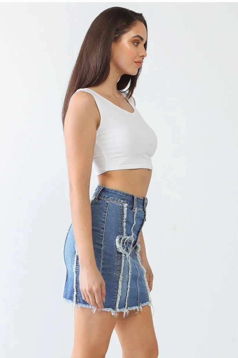 Denim Cotton Button Two Pocket Trim High Waist Mini Skirt /3-2-1