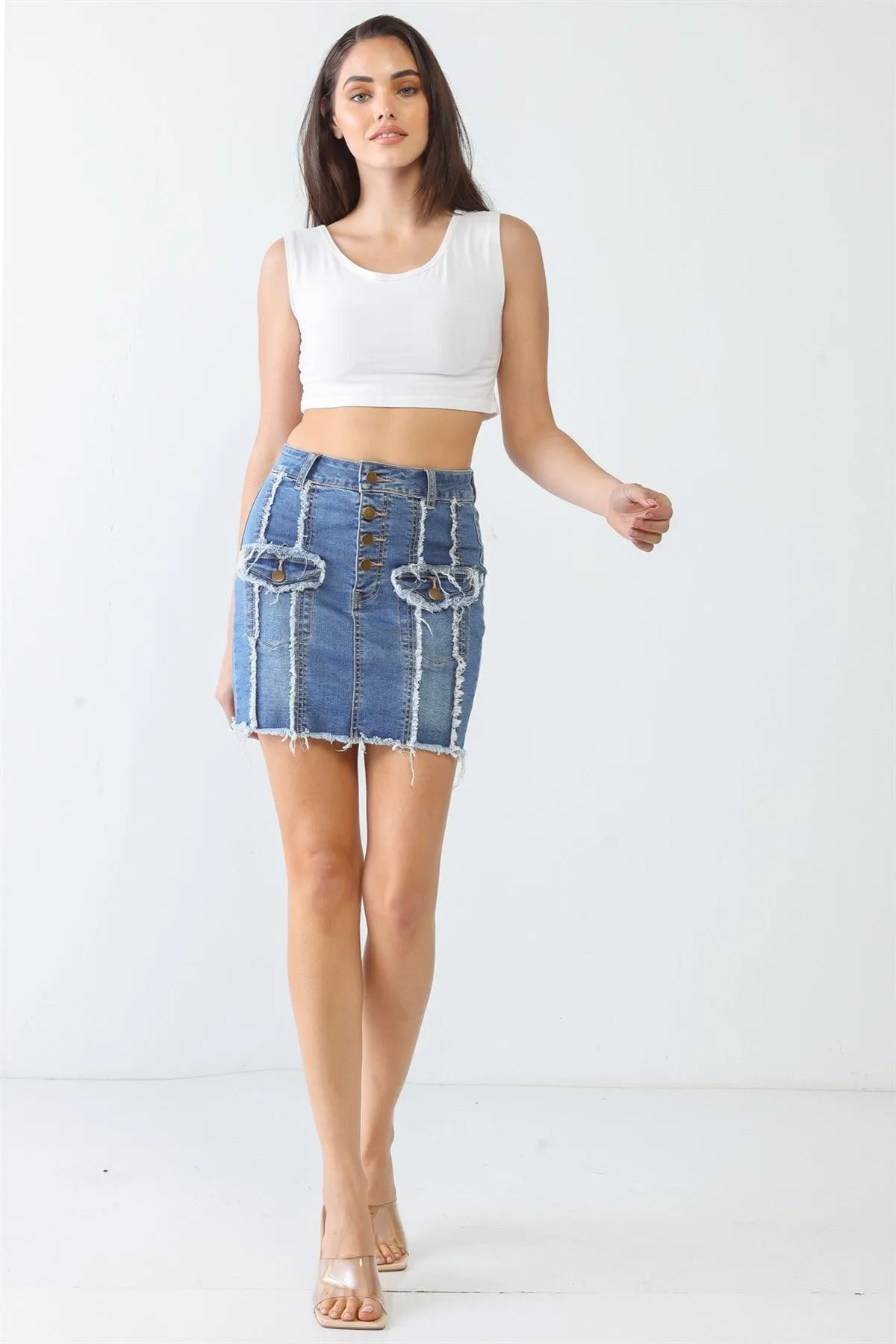 Denim Cotton Button Two Pocket Trim High Waist Mini Skirt /3-2-1