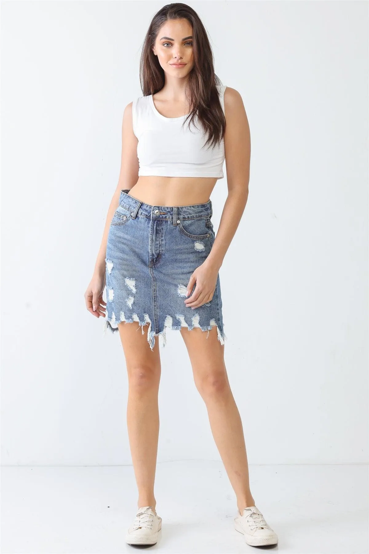 Denim Cotton Five Pocket Trim Distressed Torn Hem High Waist Mini Skirt