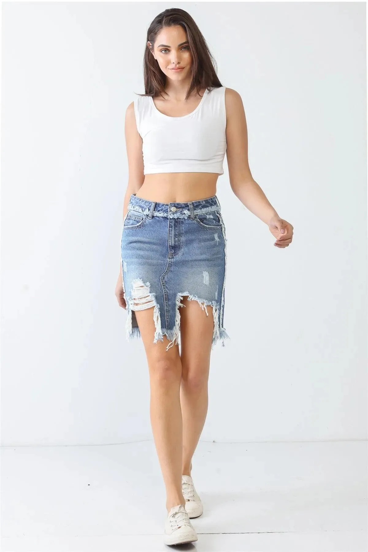 Denim Cotton Trim Torn Hem High Waist Mini Skirt