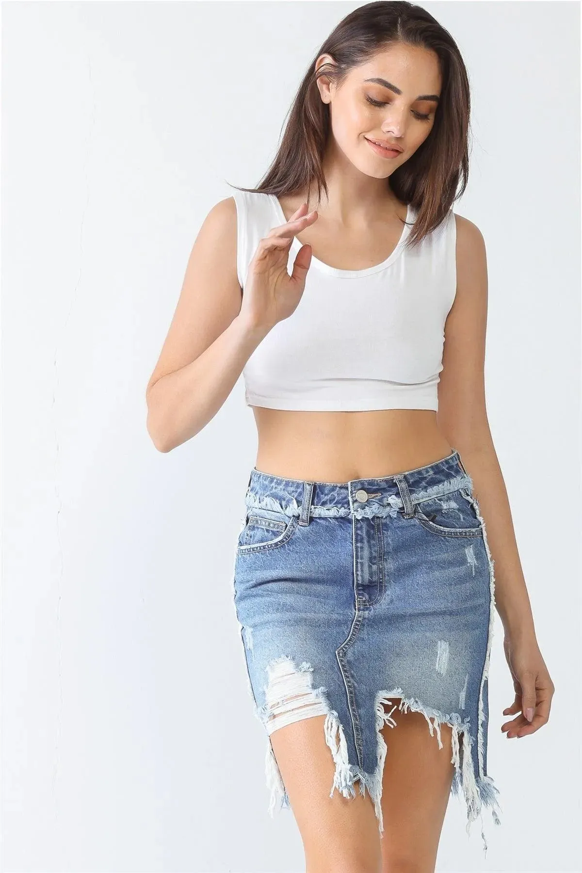 Denim Cotton Trim Torn Hem High Waist Mini Skirt