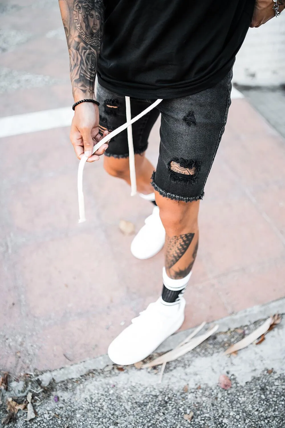 Destroyed Denim Shorts - Black