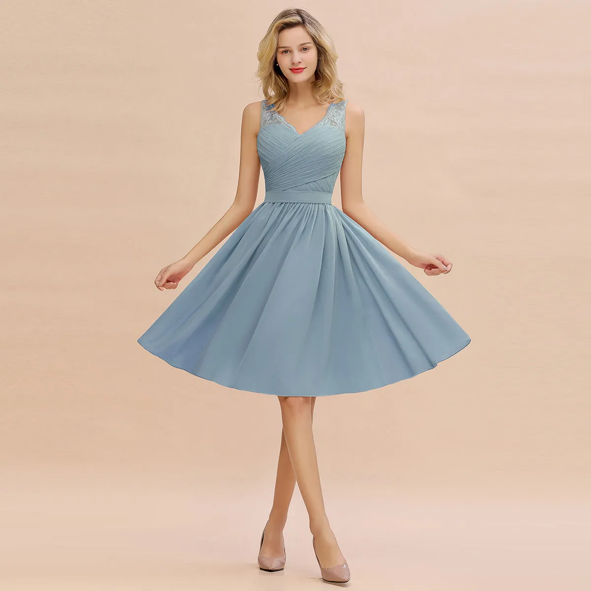 Fabulous A-Line V-Neck Sleeveless Satin Short Bridesmaid Dresses