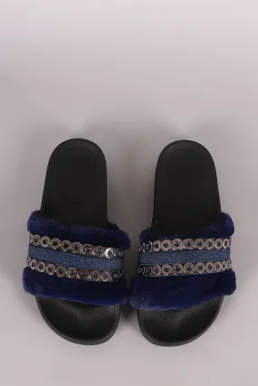 Faux Fur Denim Hardware Accent Slide Sandal