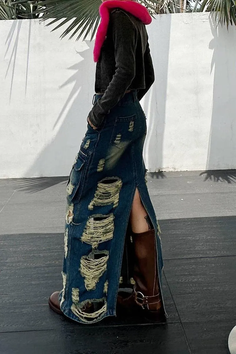 Frayed slim Denim long skirt