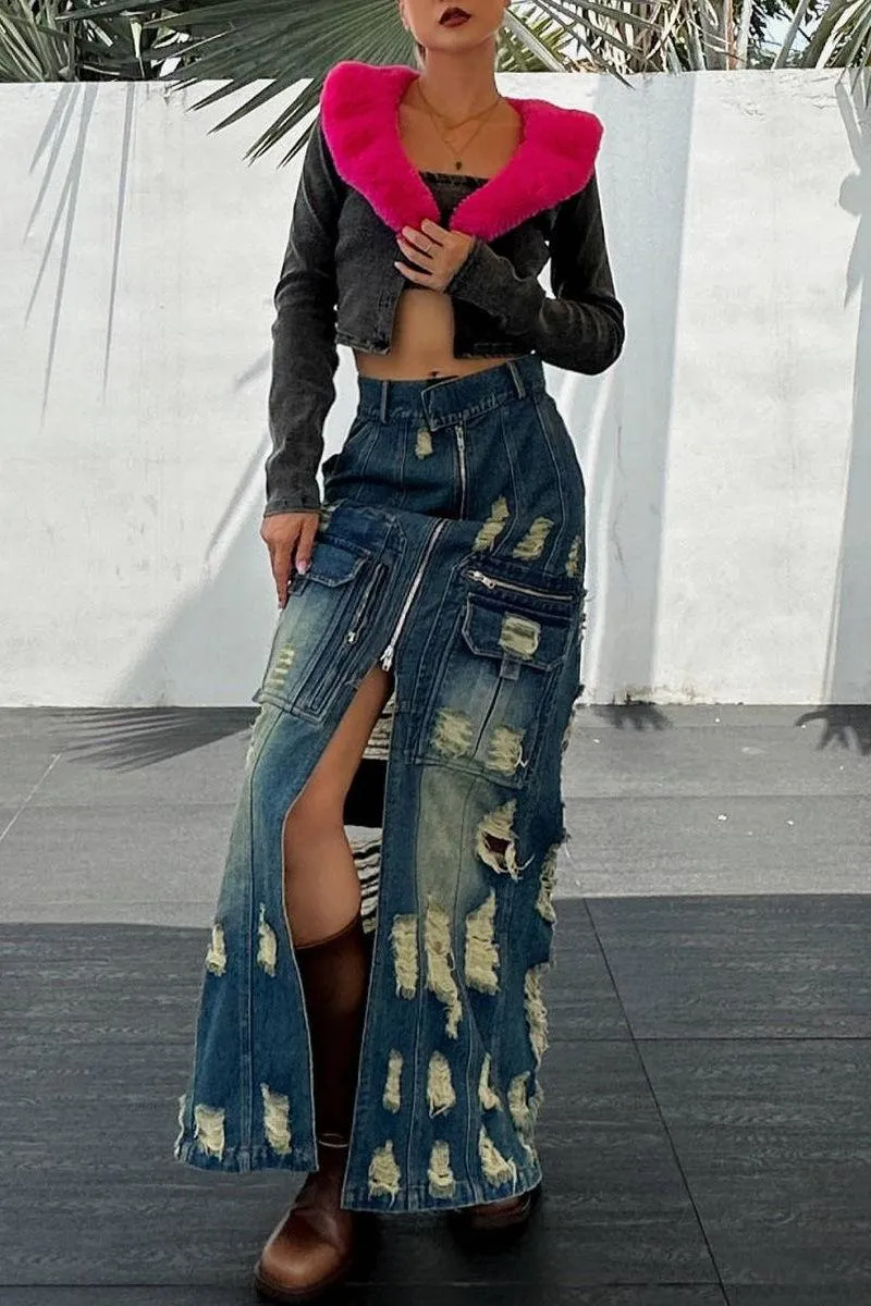 Frayed slim Denim long skirt