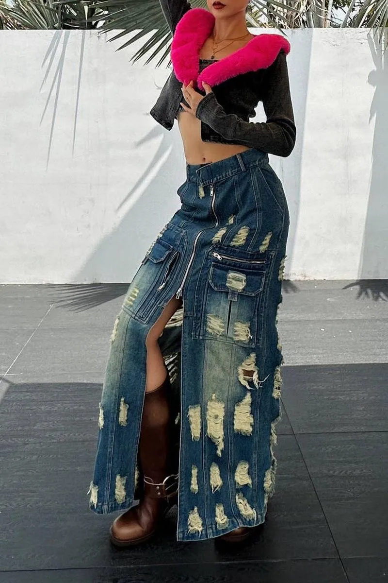 Frayed slim Denim long skirt