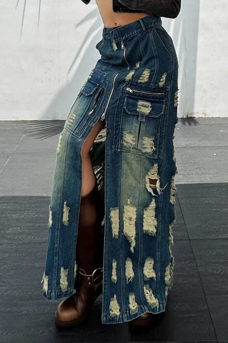 Frayed slim Denim long skirt