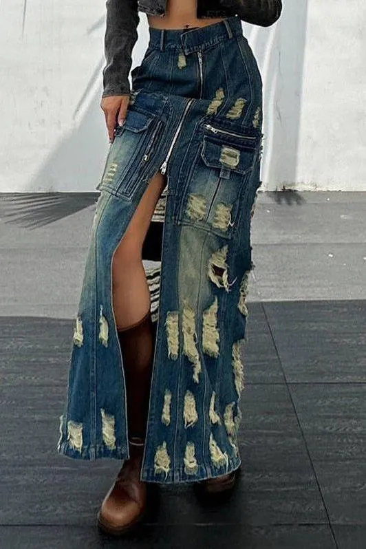 Frayed slim Denim long skirt