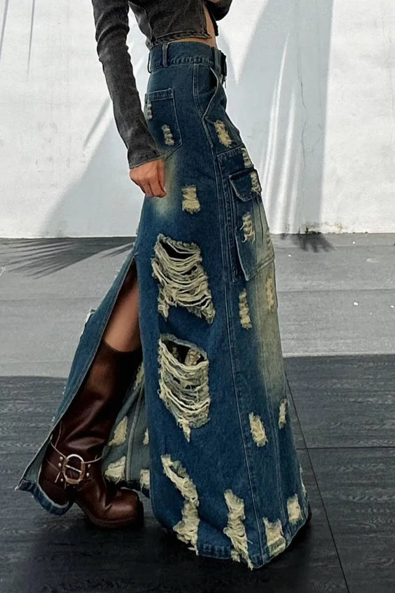 Frayed slim Denim long skirt