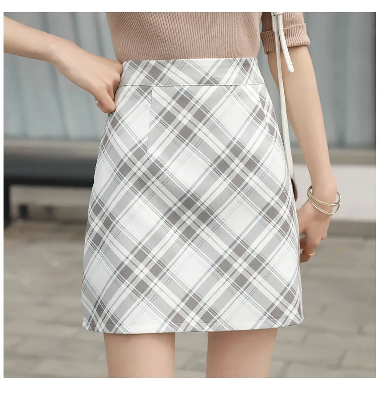 Fresh Looking Chequered Skirt Summer Korean Slim Look Printed A-Line High Waist Pencil Skirt