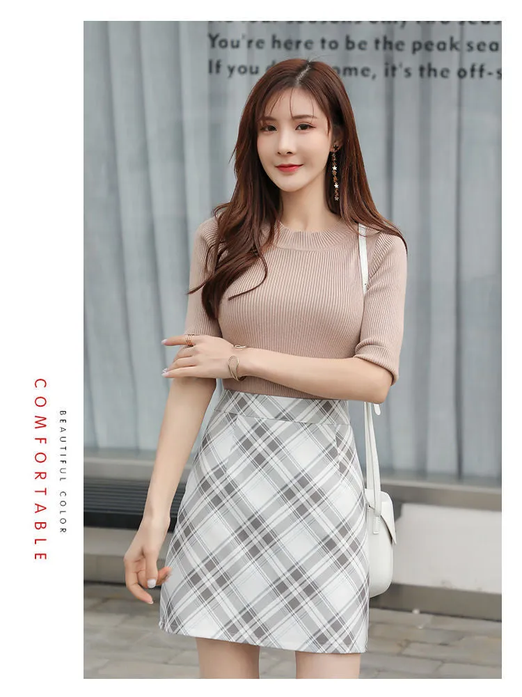 Fresh Looking Chequered Skirt Summer Korean Slim Look Printed A-Line High Waist Pencil Skirt