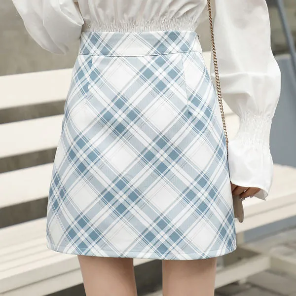 Fresh Looking Chequered Skirt Summer Korean Slim Look Printed A-Line High Waist Pencil Skirt