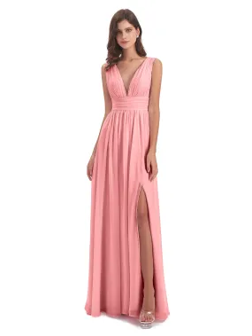 Fuchsia Pink Bridesmaid Dresses Charming Chiffon V Neck Split Long Bridesmaid Dresses