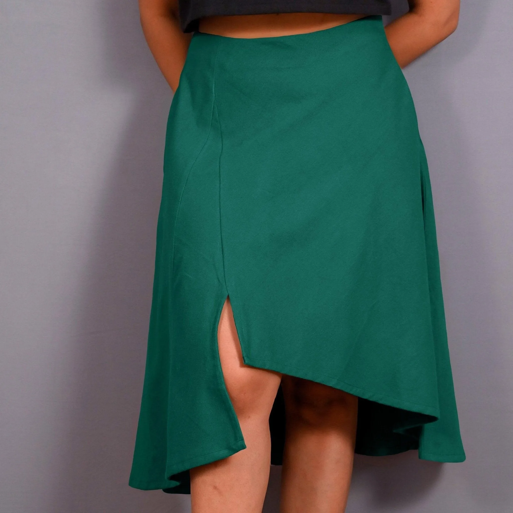 Green Warm Cotton Flannel High-Rise Front Slit Asymmetric Skirt