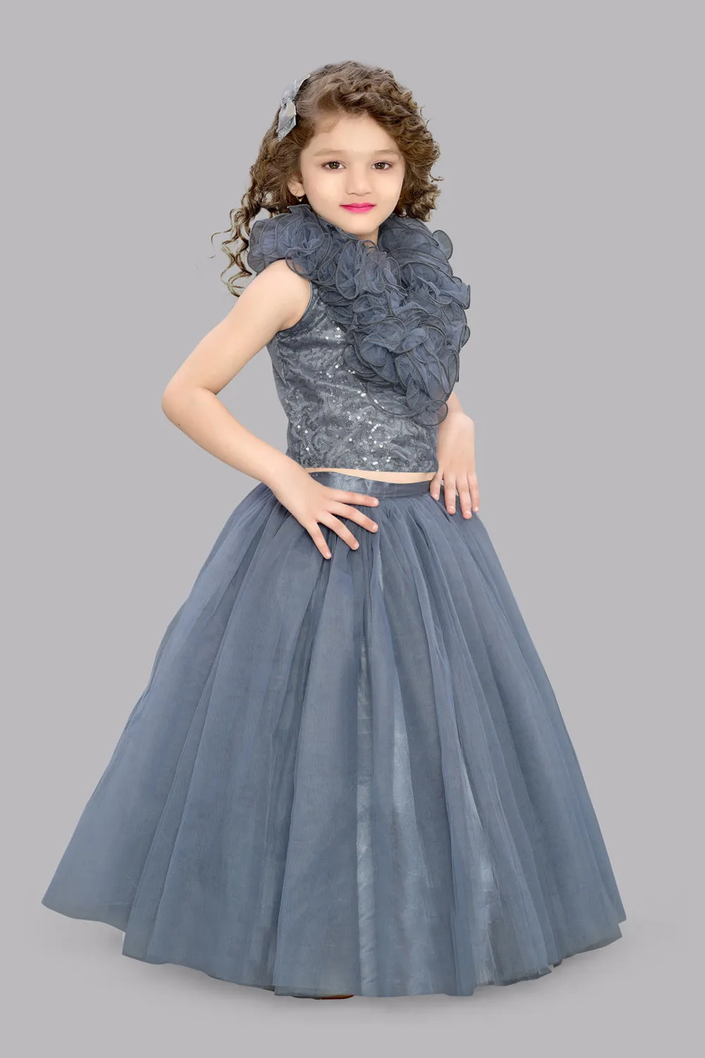 Grey Sequins Ruffle Skirt Top Set