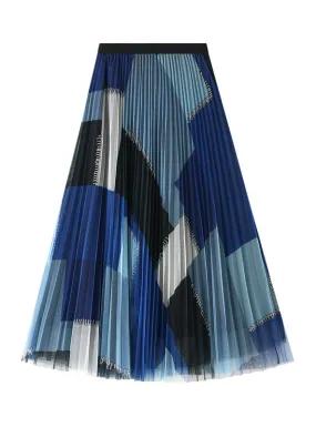 High Waist Pleated Long Plaid Gauze Skirt