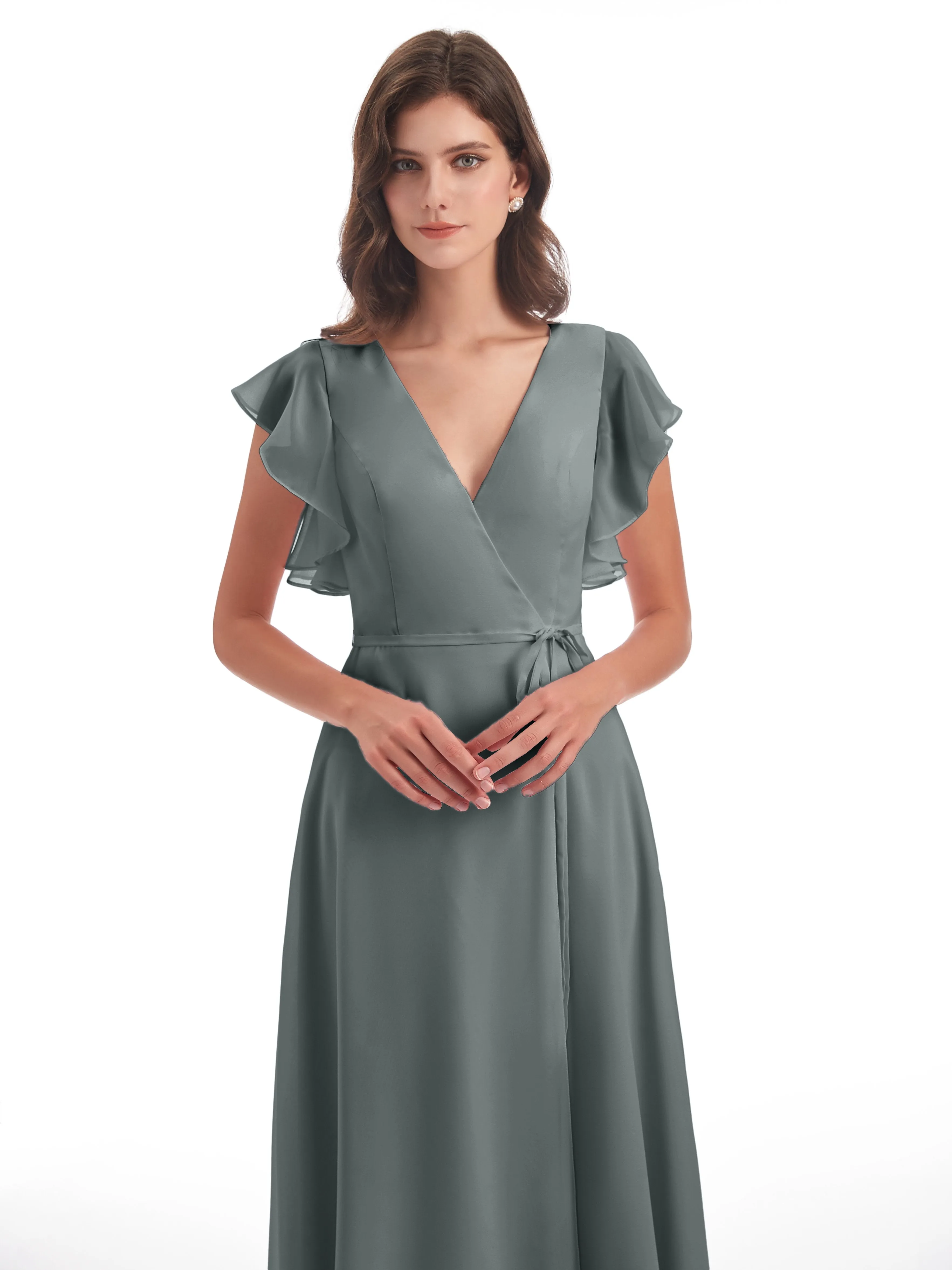 Hope Charming V Neck Long Chiffon Bridesmaid Dresses