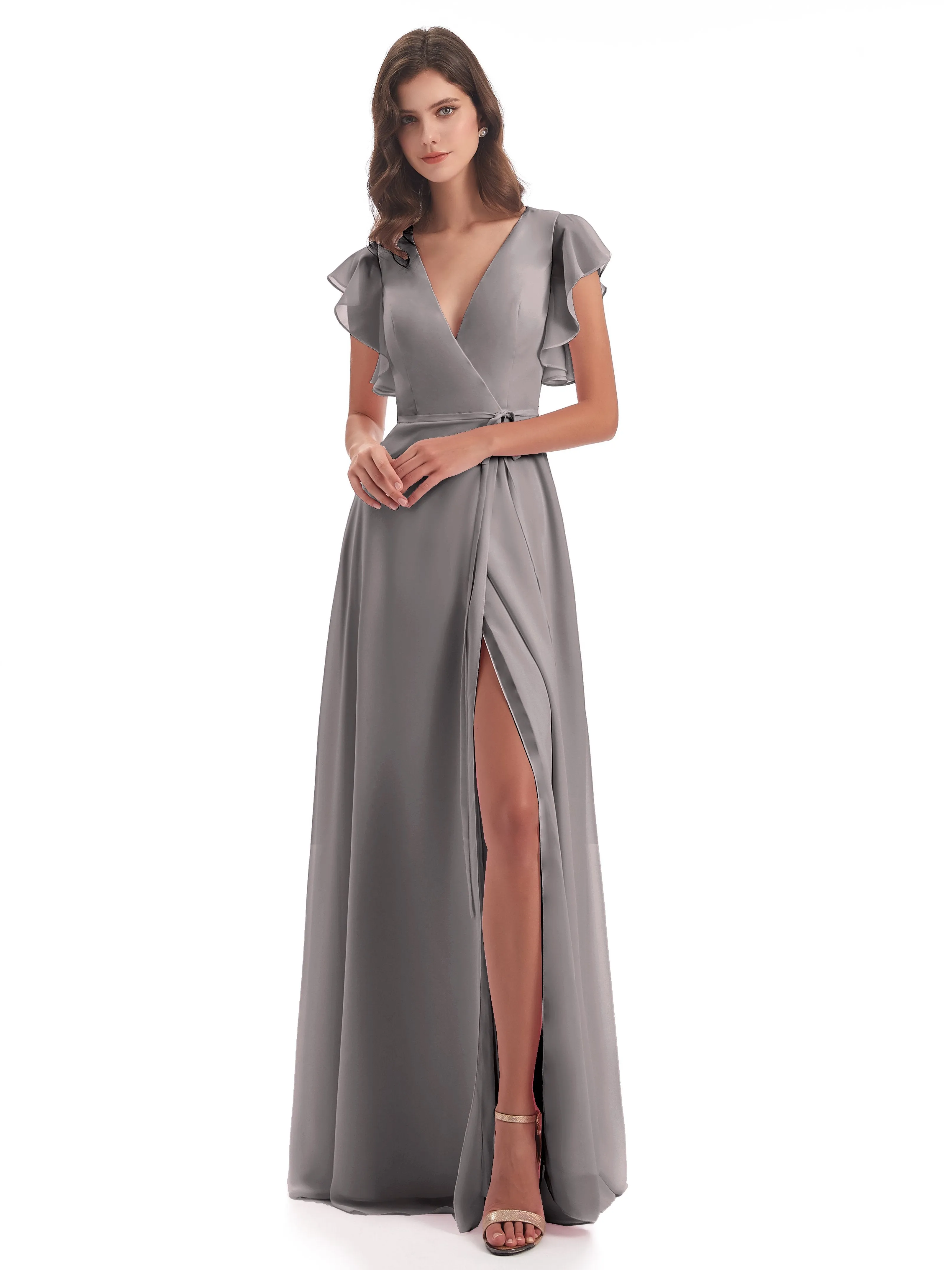 Hope Charming V Neck Long Chiffon Bridesmaid Dresses