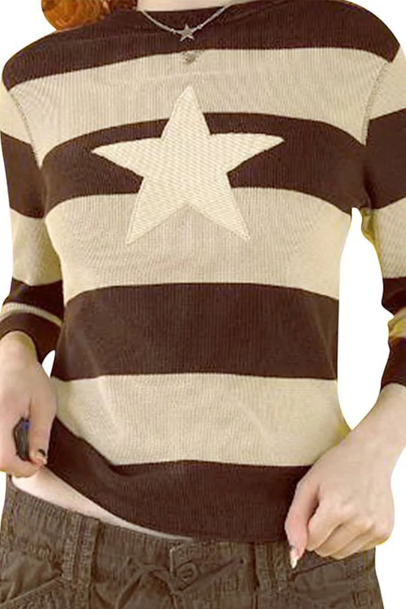 HTS1387 Star Striped Knit Sweater Top