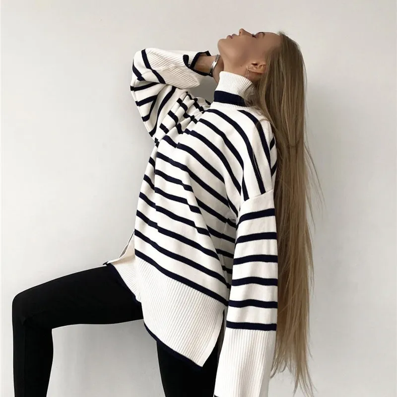 Jennifer Woman Loose Striped Turtle Neck Sweater