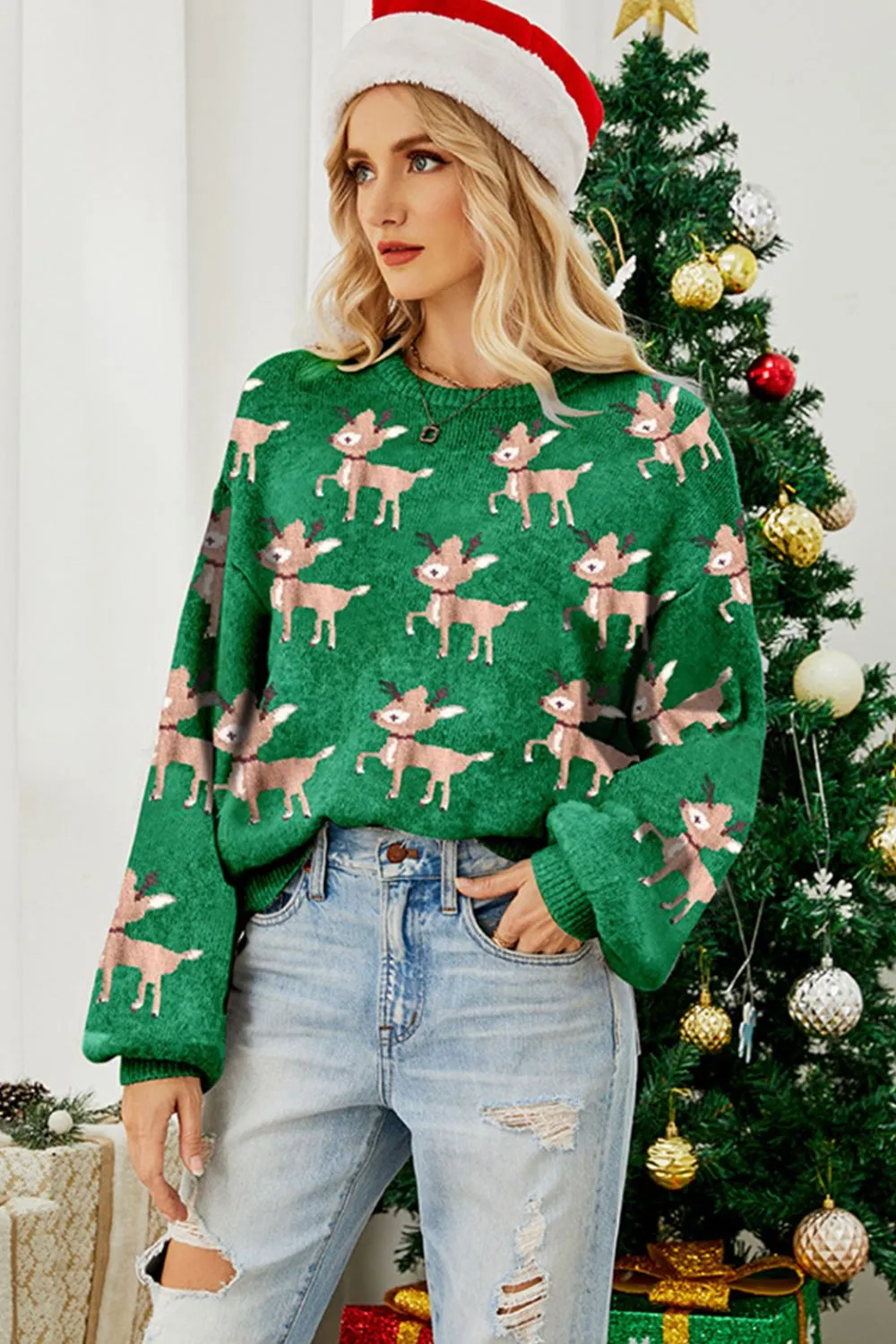 kesley Reindeer Round Neck Drop Shoulder Sweater ugly christmas sweaters